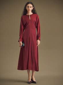 Ontre 优雅风格，简约设计，缎面面料，酒红色，长袖，插肩袖，领口设计，宽松版型，收腰，女式中长连衣裙，秋季服装，休闲装，商务休闲装 - 酒紅色 - 查看 5