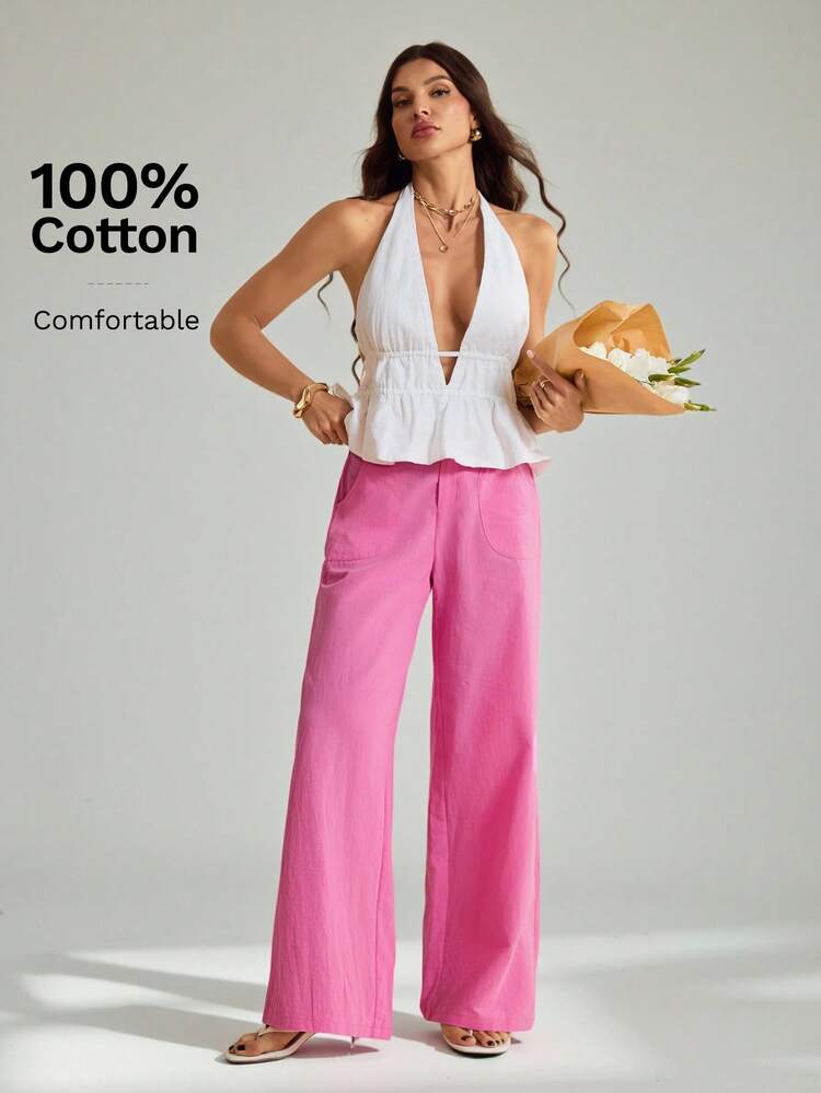 SHEIN Tall Calça reta 100% algodão lavado, cintura baixa - Rosa Quente - Ver 7