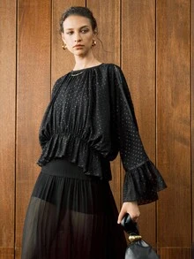 Arave 女式宽松提花网眼罩层休闲衬衫，春夏秋 - 黑色 - 查看 4