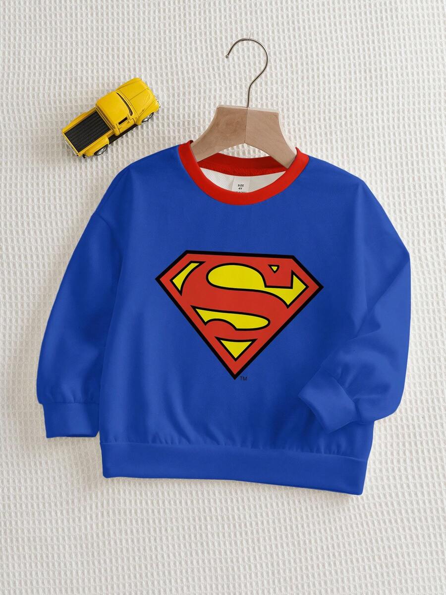 SUPERMAN X SHEIN 年轻男孩休闲时尚街头标志印花撞色领落肩宽松套头衫，秋季/春季 - 白色 - 查看 1