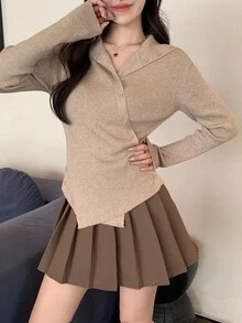 DAZY 女士不对称连帽韩版休闲长袖纯色毛衣，春秋季 - 卡其色 - 查看 6