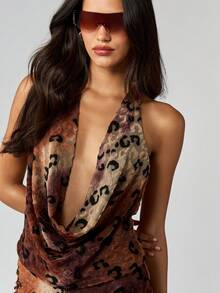 MISSGUIDED Cowl Neck Halter Zweiteiler Festival Club Party Loungewear Samt Tierdruck Abend Mini Shorts Sommer Ärmellos Rückenfrei Clubwear Weihnachten