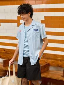 Open Phase STONE DISTRICT 男士休闲条纹标语印花短袖衬衫，夏季学院风，纽扣衬衫，春夏款 - 彩色 - 查看 4