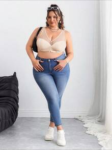 SHEIN CURVE+ Plus Size Solid Color Mesh Insert Wireless Curved Brasummer/Country/Beach Vacation Outfits/Beach Outfits/Beach Wear