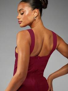 MISSGUIDED Luxurious Scoop Neck Bandage Midi Dress Elegant Form Fitting Business Evening Party Special Occasion Office Holiday Wedding Guest Winter Fall - Burgundy - View 5