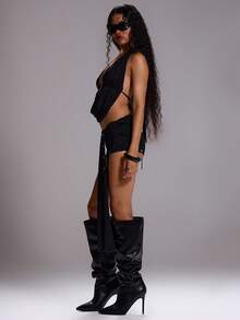 MUSERA 露背镂空垂褶短款上衣搭配低腰迷你短裤套装，性感外出节日秋季/冬季优雅反乌托邦派对春季 - 黑色 - 查看 3