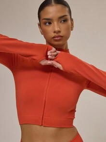 Musera Sport Stitched Seam Zip Up Detail Cropped Long Sleeve Sports Jacket Top, Padel, Tennis, Pickleball Gym Winter - Burnt Orange - View 2