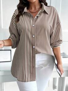 Calvaya Plus Size Striped Button-Front Long Sleeve Shirt, Suitable For Commuting, Autumn - Multicolor - View 4
