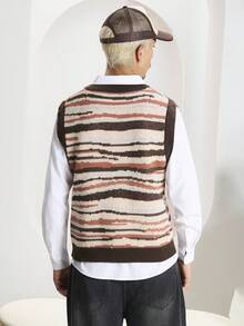 STEELVANCE 男士时尚休闲条纹 V 领针织毛衣背心，秋冬 - 咖啡棕 - 查看 2