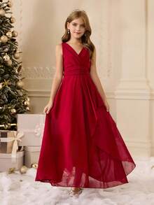 女孩优雅的勃艮第无袖中长连衣裙，适合晚会、婚礼、生日、毕业典礼、圣诞节、万圣节和其他场合