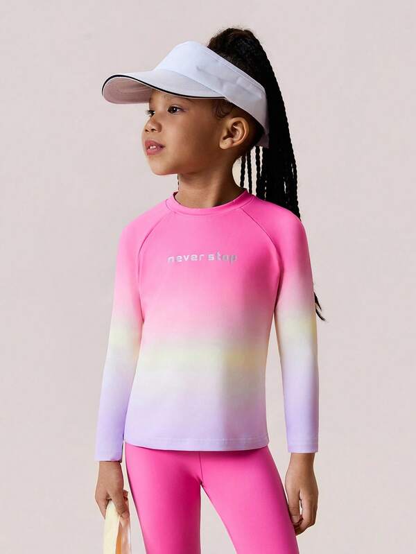 SHEIN Mädchen 2er Set: Langarm Rundhals Top mit Frontprint und Farbverlauf Manschette mit Daumenlochmuster + Skinny Fit Stretch Sport Leggings, bequem und geeignet für Laufen, Radfahren, Seilspringen, Alltagstragen