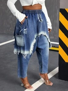 Slaydiva 大码时尚水洗流苏下摆二合一牛仔裤 - 中等水洗藍 - 查看 4