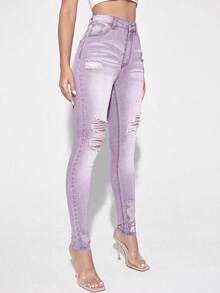 SHEIN Essnce Casual Washed Distressed Slim Fit Denim Jeans,Christmas,  Christmas Women's Clothing ,Christmas Clothes ,New Autumn And Winter Purple Light Purple Pants, Y2K Ripped Stretch Street Leggings, Skinny Jeans - Purple - View 5