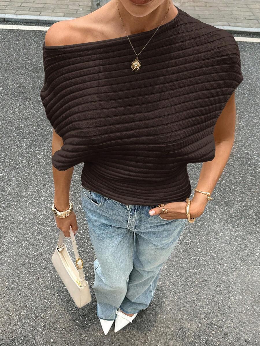 Siren Gaze Nuevo top de punto de hombro oblicuo de unicolor, suéter marrón