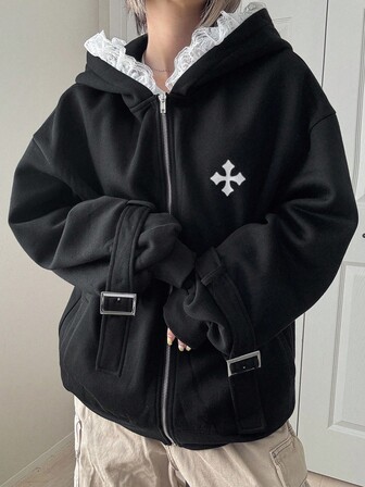 FRIFUL Damen Spitze Patchwork Loose Hoodie mit Grafik-Muster vorne, Kordelzug Ärmel, Kontrast-Farbige Jacke