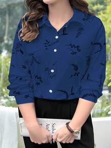 EMERY ROSE Plus Size Women Casual Beige Printed Long Sleeve Shirt - Navy Blue - View 1