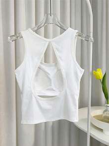 INAWLY Áo ba lỗ cổ tròn hở lưng màu trơn đơn giản dành cho nữ - trắng - Xem 2
