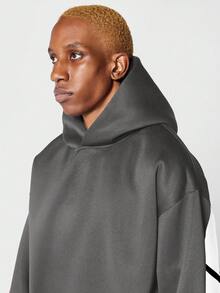 SUMWON Oversized Drawstring Hoodie With Curved Back Lettering Urban Streetwear Contemporary Cut And Sew Block Panel Centre Pocket Layering Pullover - Dark Grey - View 5