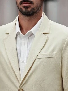 Manfinity Bizformal 男士修身西装外套，商务休闲通勤西装外套，米色配黑色包边口袋设计，时尚百搭 - 杏色 - 查看 5