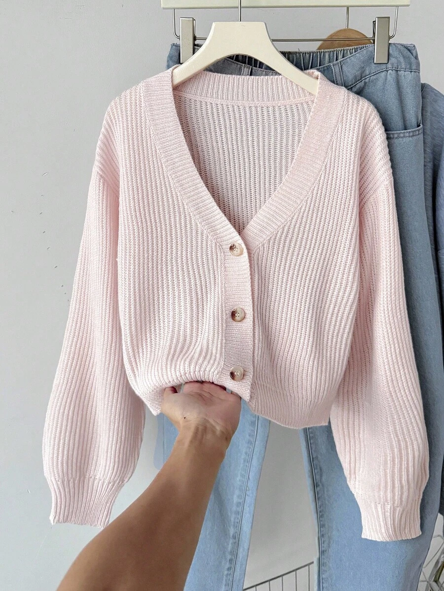 SHEIN Teen Girls' Solid V-Neck Cropped Casual Loose Drop Shoulder Long Sleeve Cardigan Sweater, Autumn Fall Winter - Pink - View 1