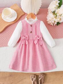 Baby Girl Frill Mock Neck Puff Sleeve White Shirt And Sleeveless Dress With Oversized Bow Decor Set, Elegant Casual Fashion Outfit Fall Winter - Multicolor - View 2