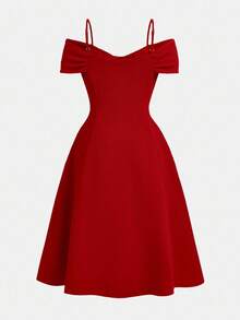 Girlism 青少年女孩红色露肩吊带大束腰喇叭裙圣诞派对连衣裙 - 酒紅色 - 查看 2