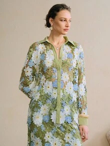 Arave Elegante blusa con colletto floreale, adatta per l'ufficio e gli spostamenti