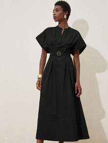 Aveloria Modichic 优雅优雅的女士通勤和约会连衣裙，奢华设计 V 领落肩腰部收腰褶皱连衣裙配腰带 - 黑色 - 查看 4