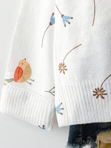 EMERY ROSE Plus Size Women Plant Pattern Drop Shoulder Long Sleeve Casual Knit Cardigan, Autumn