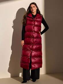 CLARA VERO 女款絎縫鈕扣式加厚背心外套，秋季登山休閒酒紅色 - 酒紅色 - 查看 5