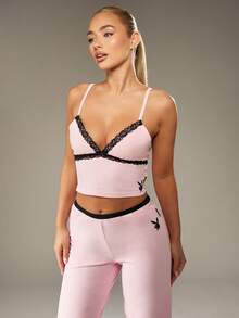 Missguided x Playboy Christmas Lace Trim Cami Top With Wide Leg Pants - Pink - View 3