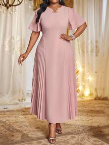 Fleurora Spring And Summer Elegant Commuting Office Party Wedding Cocktail Party Concert/Music Festival White Woven Chiffon Round Neck Flared Lace Up Pleated Quarter Sleeves Plus Size Dresses Elegant Women Dresses Classy Outfits,Formal Dresses For Women - Pink - View 3