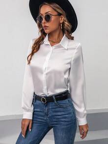 SHEIN Clasi 缎面纯色纽扣前襟衬衫，适合节日派对穿着 - 白色 - 查看 3