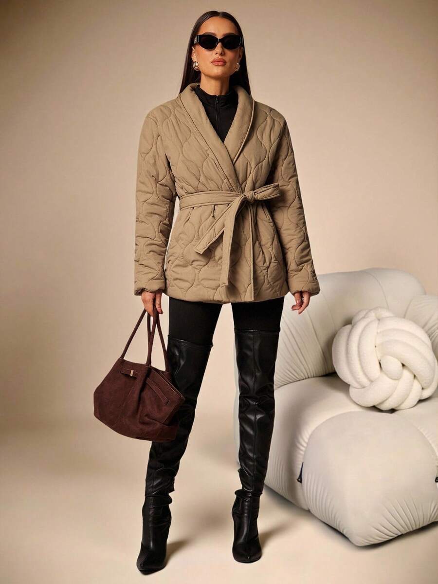 Silquee 女款加厚棉外套 卡其色 冬季休閒優雅款 極簡商務風 棕色絎縫夾克 腰部打結設計 秋季圍裹式襯衫外套