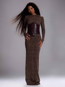 MUSERA 针织多层束腰紧身长袖连衣裙，性感优雅，适合外出、反乌托邦或毕业典礼等场合。 - 棕色 - 查看 5