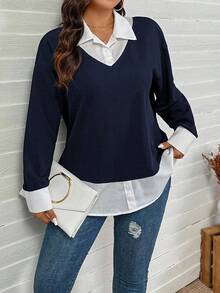 SHEIN LUNE 大码女式蓝白撞色领两件套上衣，感恩节新年冬季狂欢海军蓝上衣 - 藏蓝色 - 查看 3