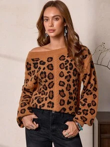 SHEIN LUNE Women's Fashion Casual Leopard Print Asymmetric Neck Western Style Sweater - Brown - View 3