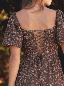 WESTFADE Chiffonkleid mit Blume Muster, Herzausschnitt, kurze Puffärmel, Schnürung mit Schleife am Rücken, gestufte Volants, Midi-Länge, Lässig, süße Herbstmode, Boho-Outfit, Herbst, Winter, Westernmode für Frauen - Verschiedenfarbig - Übersicht 5