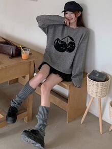 DAZY 女士水果图案提花宽松圆领长袖休闲街头风格针织毛衣，秋冬 - 灰色 - 查看 7