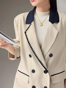 Heiryn 女士时尚双排扣常规西装外套 秋冬女装 - 杏色 - 查看 5