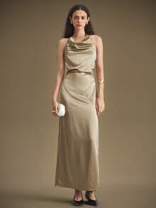 Ontre Thiết kế tối giản thanh lịch mới thu đông 2025, màu vàng, vải satin cao cấp, váy dài nữ, cổ chéo, váy dạ hội, trang phục thường ngày, gợi cảm - màu nâu - Xem 4