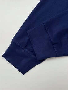 SHEIN 青少年男孩海军蓝撞色圆领简约廓形长袖上衣和裤子紧身家居服套装，休闲、学院风、舒适、时尚、百搭、面料柔软，适合日常穿着、上学、郊游、户外、居家、秋冬、返校 - 藍白色 - 查看 6