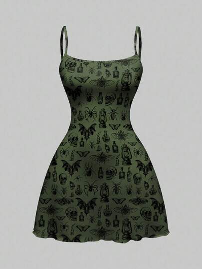 Goth Gothic Dark Mysterious Sexy Skeleton Halloween Green Black Moth Butterfly Cross All-Over Print Mini Dress For Women
