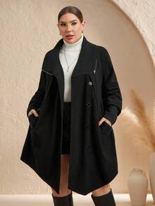 SHEIN Clasi Curvy Plus Size Women's Black And White Elegant Autumn Single-Breasted Overcoat,Vintage Raglan Sleeve Thermal Lined Warm Trench Coat With Pockets - Black - View 7