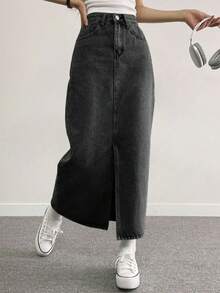 DAZY 女士简约开衩休闲牛仔裙，适合日常穿着 - 灰色 - 查看 3