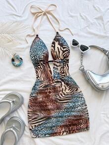 Soleia 女式复古扎染抽象豹纹和斑马纹深 V 领露背系腰褶皱紧身迷你连衣裙，性感时尚夏季服装，适合派对、约会、下午茶、海滩度假 - 彩色 - 查看 3