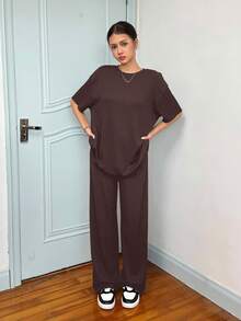 SHEIN Teen Girl Casual Loose Comfortable Solid Color Round Neck Short Sleeve T-Shirt And Pants Set - Brown - View 3