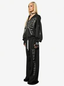SUMWON WOMEN Oversized Rhinestone Skeleton Zip Through Hoodie With Full Front Zipper Gothic Halloween Statement Pullover - Black - View 7