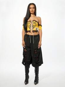 SUMWON WOMEN Áo corset buộc dây Varsity có họa tiết cánh và chi tiết viền đen - Màu vàng - Xem 5