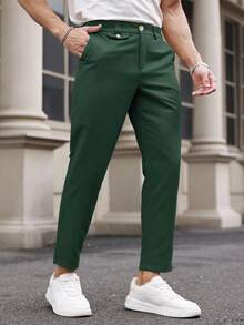 Manfinity Mode 男士休闲简约通勤商务斜口袋纯色长裤 - 墨綠色 - 查看 5